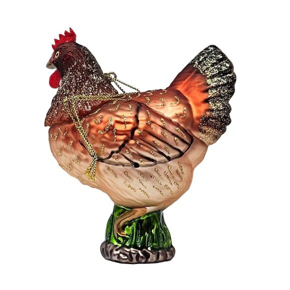 Brown Rooster Chicken Hen Glass Ornament - Christmas Gift - Picture 2 of 4